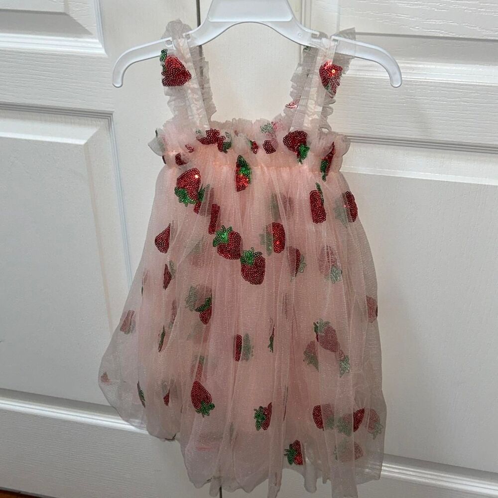 Pink strawberry dress with red strawberries and green leaves #toddler